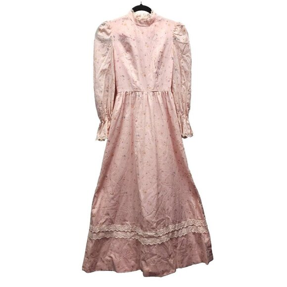 Vintage Handmade 70's Prairie CottageCore Pink Floral Long Sleeve Dress Sz 0? - Picture 1 of 16
